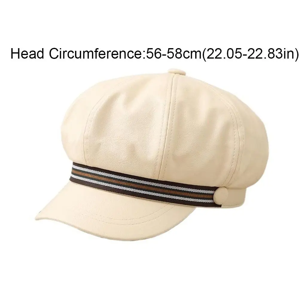 หมวกเบเร่ต์หนัง PU ลายทางลำลอง กันลม สไตล์อังกฤษ ทรงแปดเหลี่ยม หมวกสไตล์เกาหลีอบอุ่น หมวกจิตรกรสำหรับสุภาพสตรี