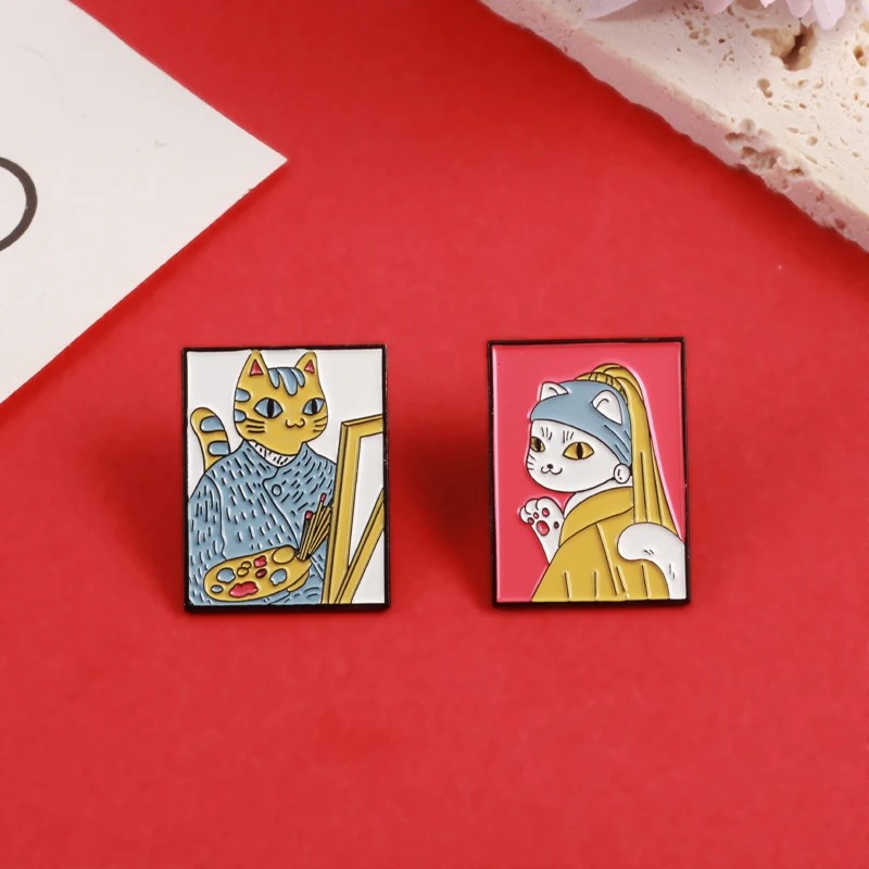 Cat Painter Enamel Pins Oil Painting Cartoon Animal Kitty Metal Brooch Lapel Badges Fun Jewelry Gift for Kids Friends