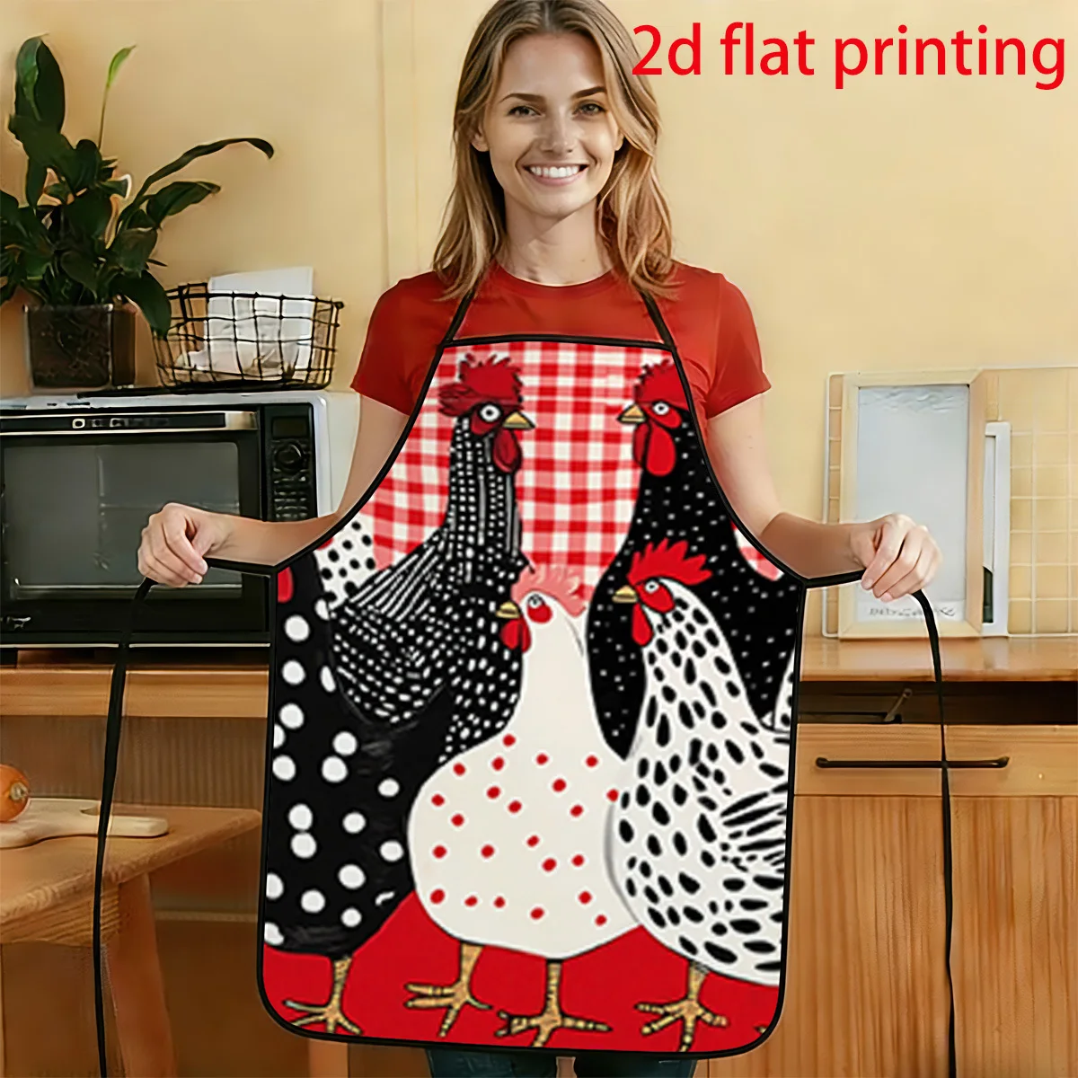 1pc 2D Flat Red Checkered Cloth Front Chicken Flock Painting Pattern Apron, Durable And Easy To Clean, Adjustable Waist Belt,