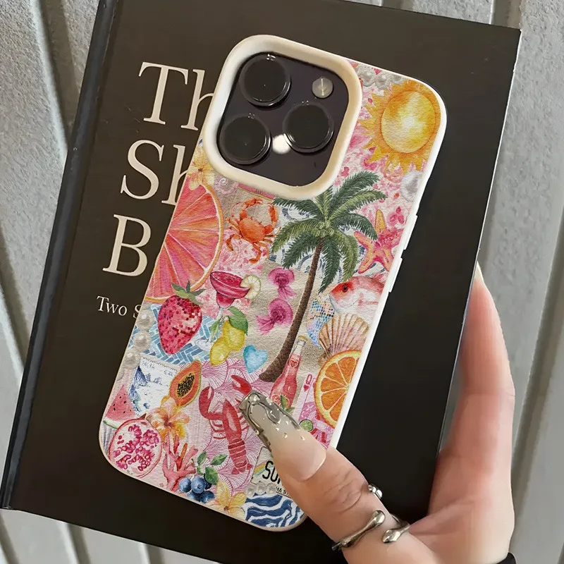Summer Beach Party Collage Pattern Lychee Texture Phone Case For iPhone17 Pro Max 11 12 13 14 15 16  14 15 Plus 17Air Soft Cover