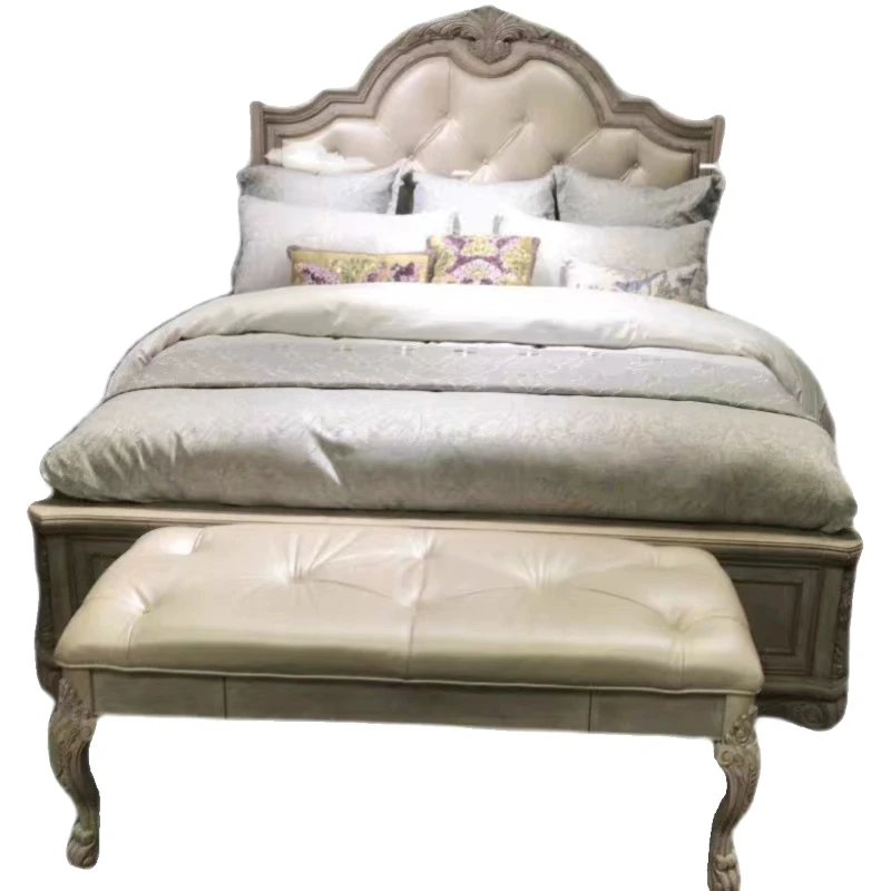 

Solid wood bed, carved leather art bed, retro vintage, light luxury, 1.8 double bed