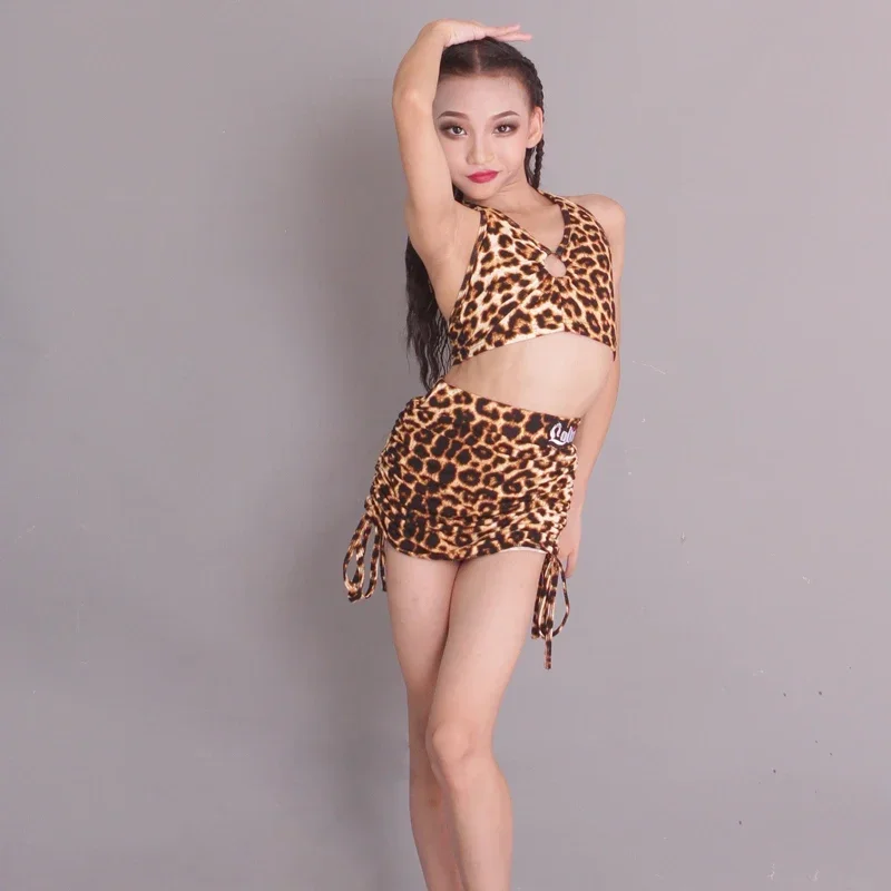 

Детский женский тренировочный костюм для самбы, сальсы, румбы, танго, ча-ча, латинские танцы, леопардовый принт, тренировочный костюм для латинских танцев, танцевальное платье