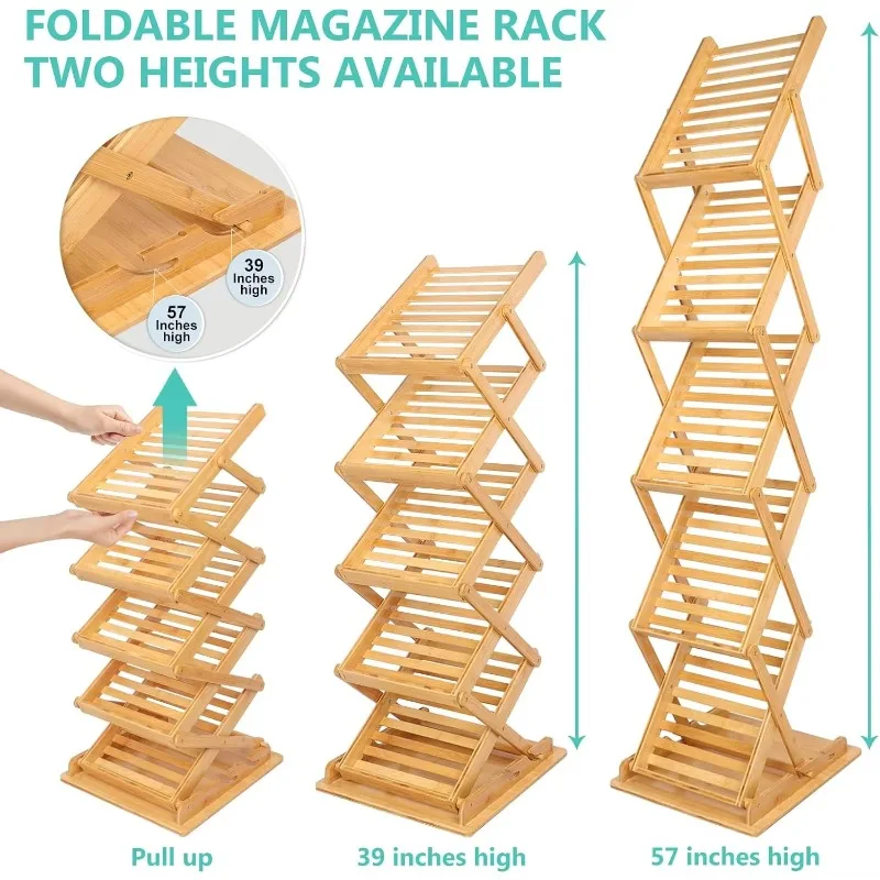 حامل أرضي للمجلات قابل للطي عالي الجودة، حامل عرض كتيب من خشب الخيزران للمكتب المنزلي