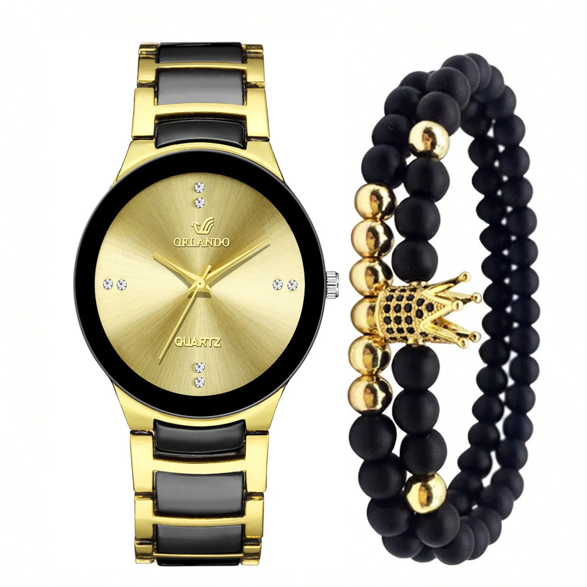 New Men's Fashion Business Steel Strap Scale Dial Quartz Watch + Crown Beaded Bracelet