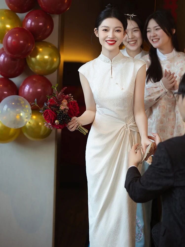 

Champagne Colored Engagement Ceremony Dr Vintage Sle Beaded Pearl mid Waist Fit for Wedding Par Performance