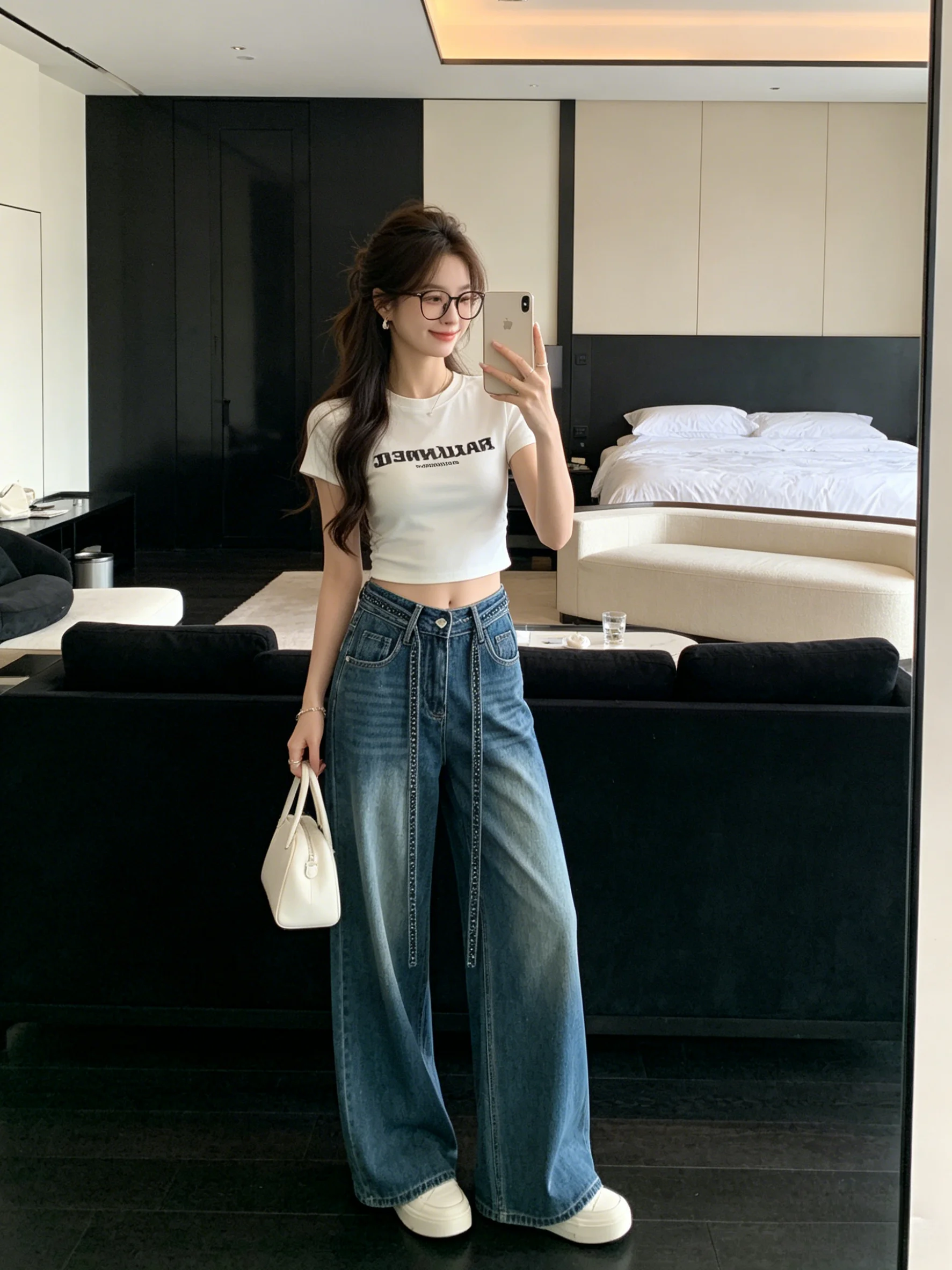 

Винтажные женские джинсы с высокой талией, драпировкой и стразами, широкие брюки прямого кроя, повседневные, весенняя новинка в корейском стиле