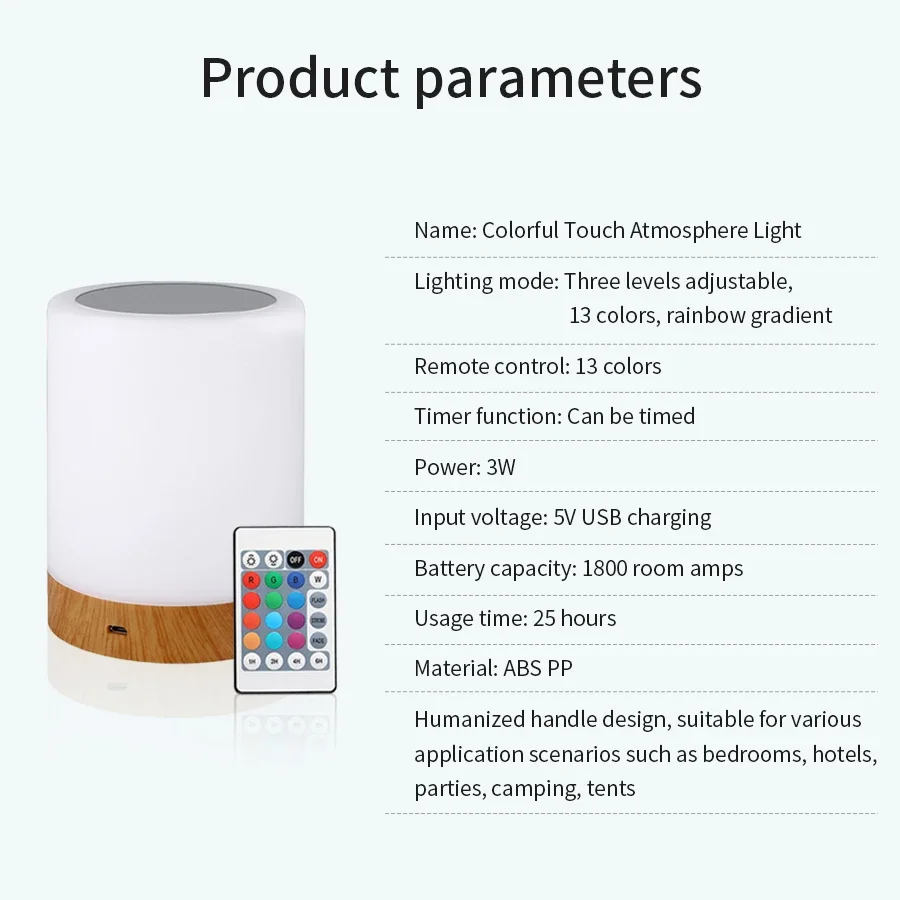 Lampu malam LED isi ulang daya portabel 13 warna RGB, lampu dekorasi ruangan samping tempat tidur lampu meja sentuh kendali jarak jauh dapat diredupkan isi ulang daya