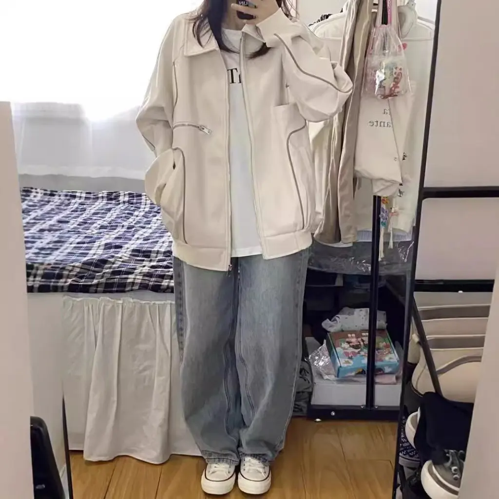 

Women's White Leather Jacket Loose Fit Maillard Style Cardigan Top for Spring Autumn Winter All-match Fashion Outerwear