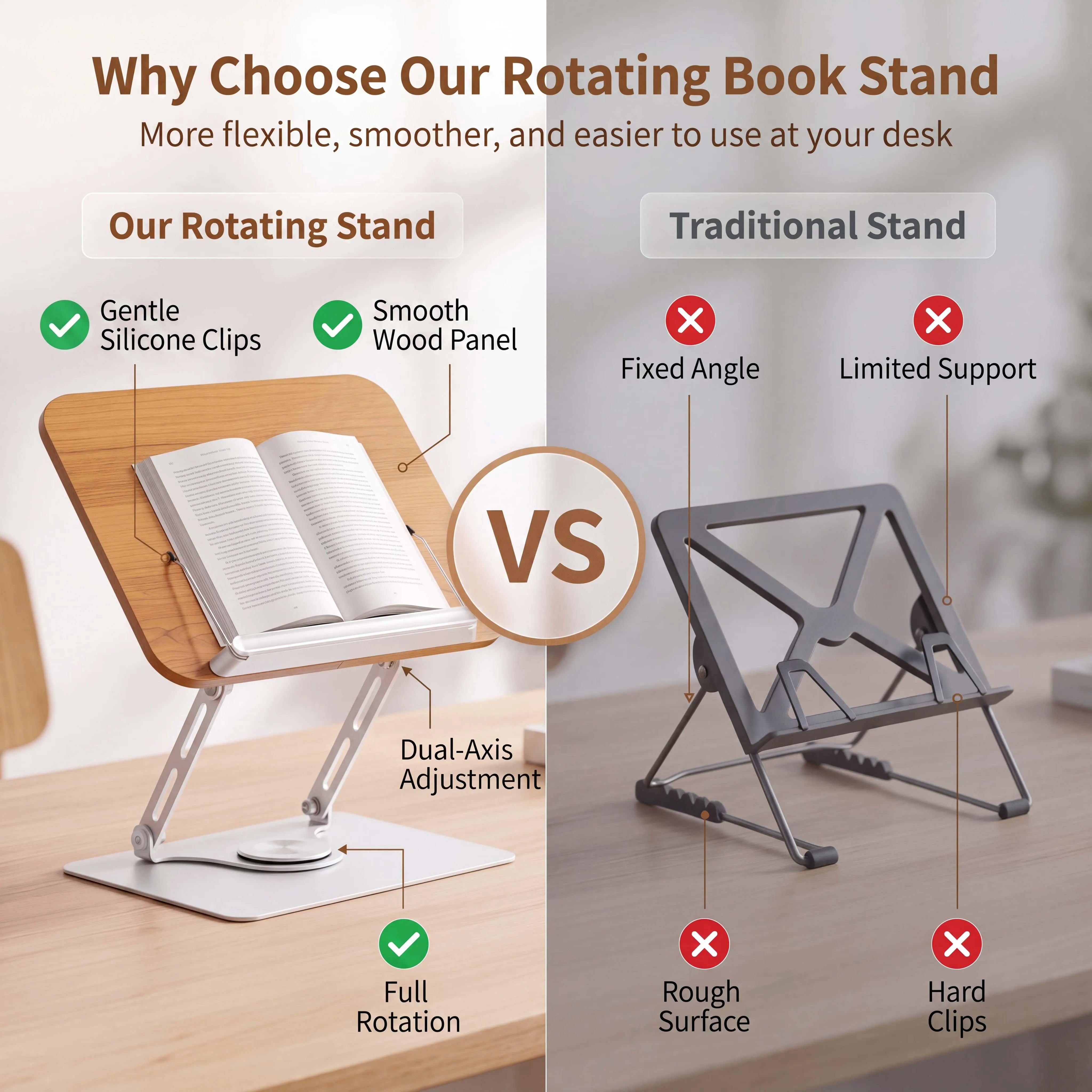 Folding Wooden Book Stand with 360° Rotating Base, Adjustable Dual-Arm Holder with Aluminum Alloy Rods and Silicone Page Clips for Desk, Kitchen and Study