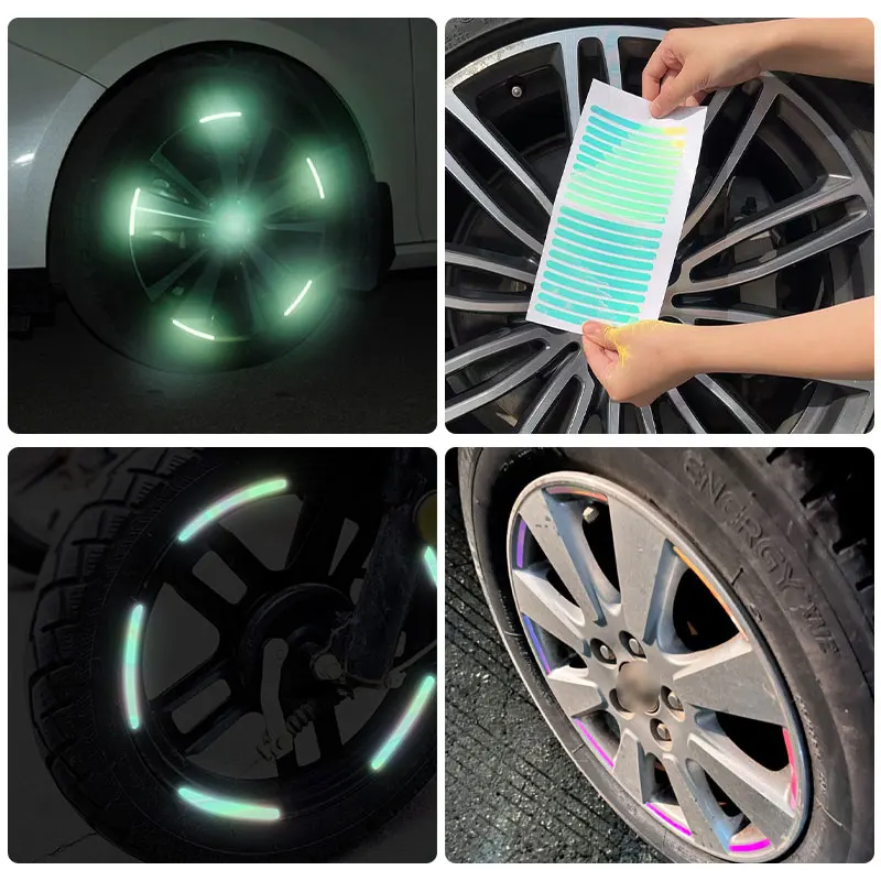 20pcs Wheel Hub Reflective Stickers Anti Scratch Auto Body Decorative Rim Tape Strips Warning Passing FOR Car Motorcycle Bicycle