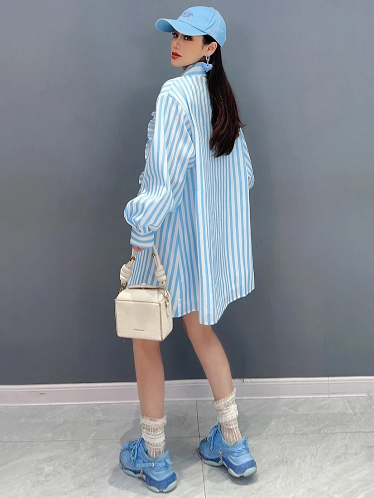 SHENGPALAE Fashion Striped Shirt For Women Ruffles Design Chic Loose Lapel Full Sleeve Blouse Spring 2024 New Female Tops 5R9483