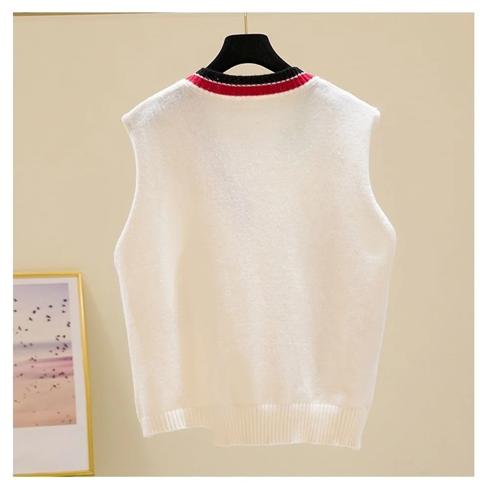 Cartoon Duck Embroidery Vintage V-Neck Knitted Sweaters Women Vest Korean Fashion Sleeveless Pullover Sweater Woman Winter 2023