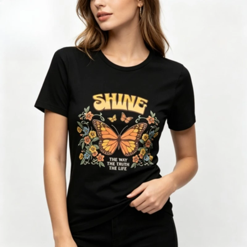 Women Short Sleeve T-shirt Retro Monarch Butterfly Floral Print Shine Inspirational Slogan Vintage Cottagecore Casual Summer Tee