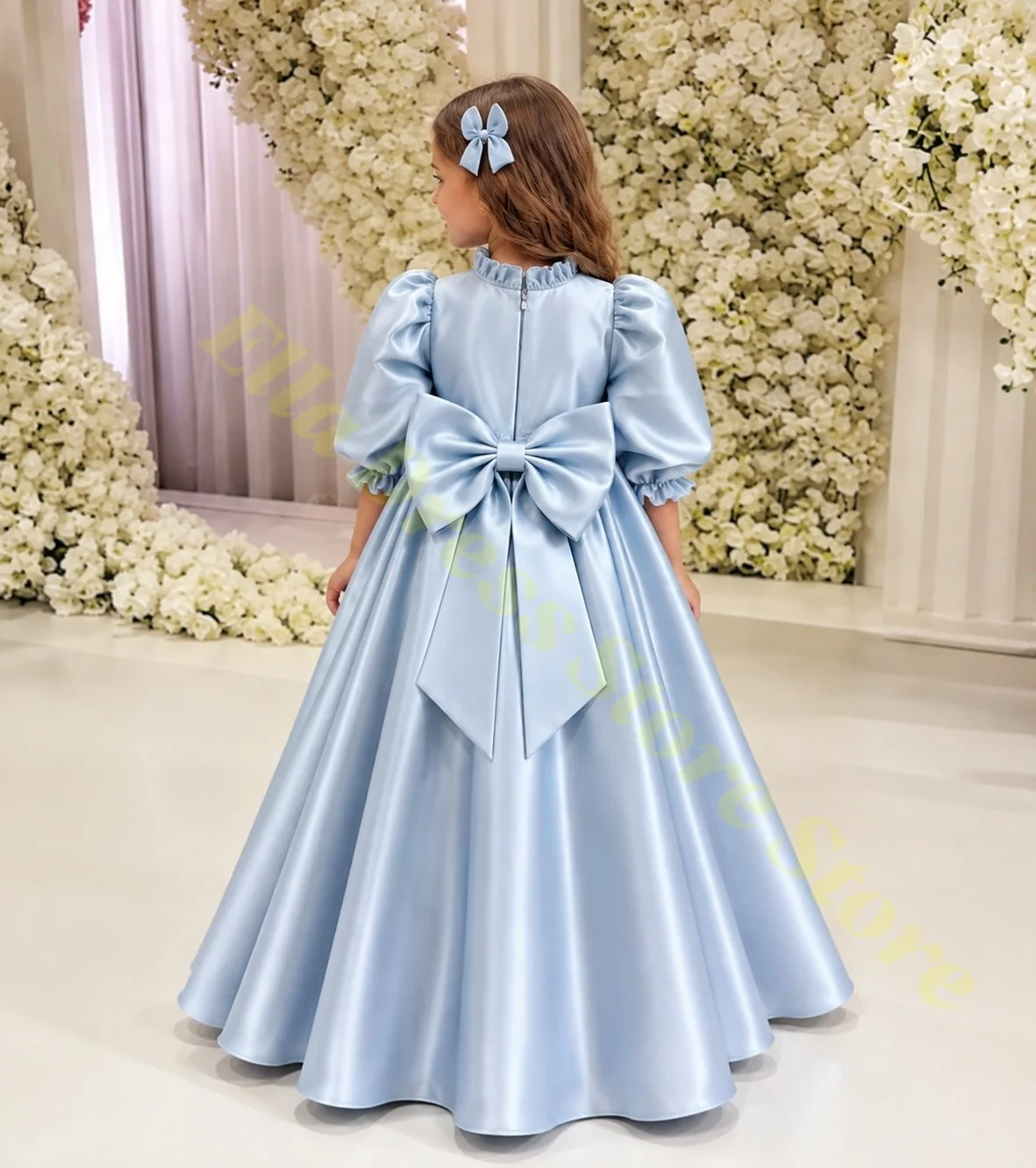 Großhandel Maßgeschneidertes Erstkommunionkleid für Mädchen, Hochgeschnittenes Ballonärmel-Ballkleid aus Satin, Plissiertes Hochzeits-Blumenmädchenkleid nach Maß – Detail 2
