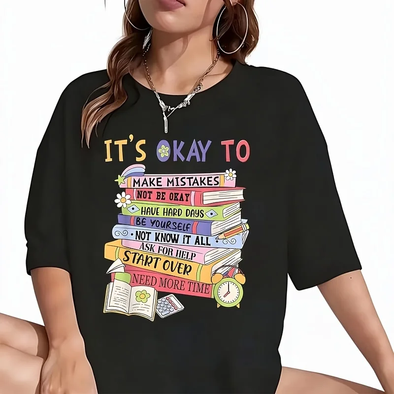 It's Okay It's Okay Women's T-Shirt Funny Graphic Short Sleeve Tee Novelty Shirt Casual Crew Neck Top 100% Cotton S-5XL