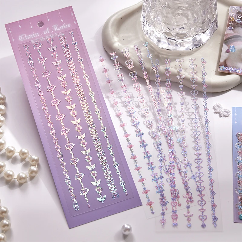 1pack/3Pcs Long Strip Necklace Holographic Stickers Shiny Reflective Ins Style Journal Guka DIY Supplies