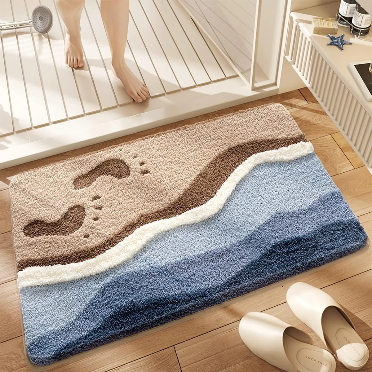 VIKAMA Faux Cashmere Bathroom Mat Entrance Anti Slip Water Absorbent Cartoon Starfish Shell Carpet Home Decoration view 2