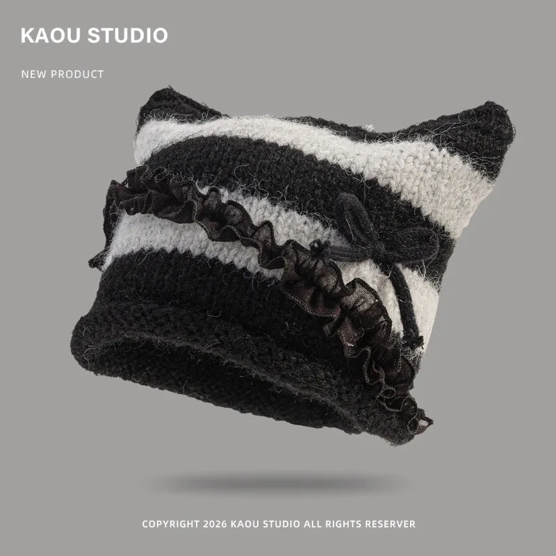 Koreanischer Stil, süße Schleife, Strickmütze mit Katzenohren für Damen, Spitze, im „Ins“-Stil, warme Strickmütze für Herbst und Winter, schützt die Ohren. – Detail 6