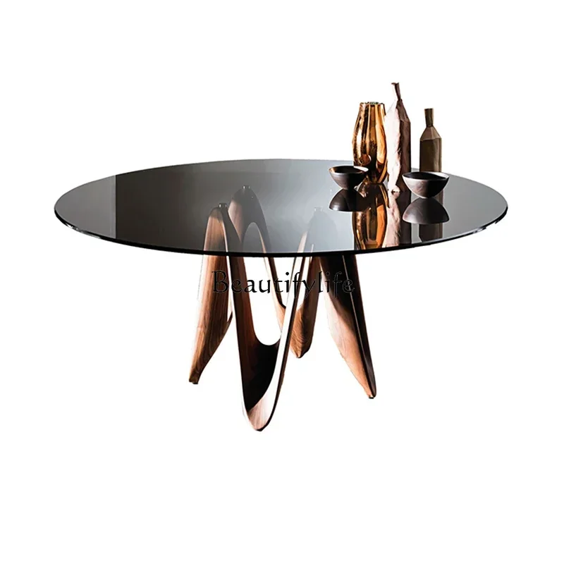 Black Walnut Wood Table Modern Designer Living Room Tempered Glass round Dining Table Square Dining Table