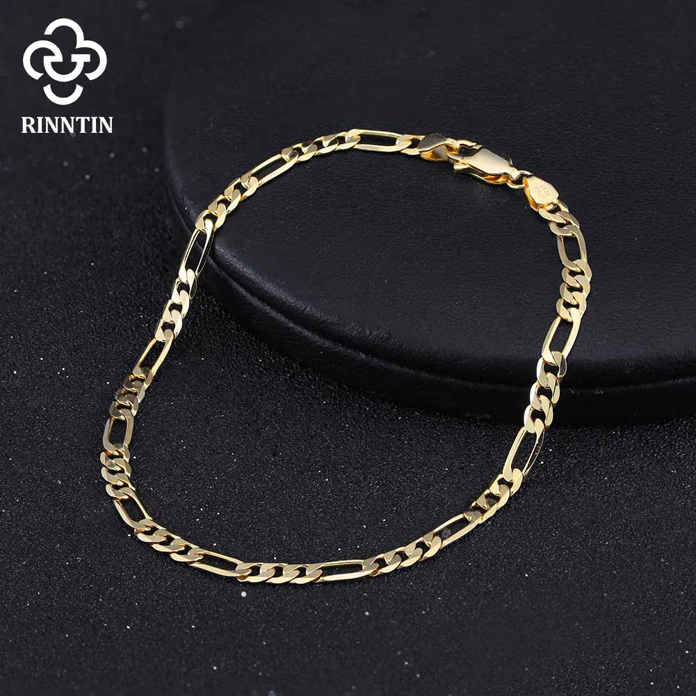 Rinntin Fashion 925 Sterling Silver Italian 3.3mm Diamond-Cut Figaro Link Chain Bracelet for Women Handmade Jewelry SB66