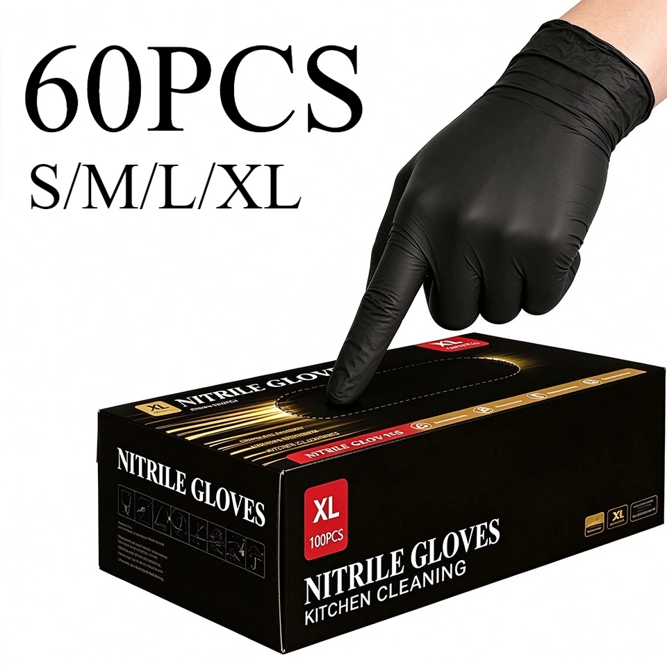 60PCS Black Disposable Nitrile Gloves Powder Free Tattoo Studio Cleaning Ink Handling Beauty Salon Supplies