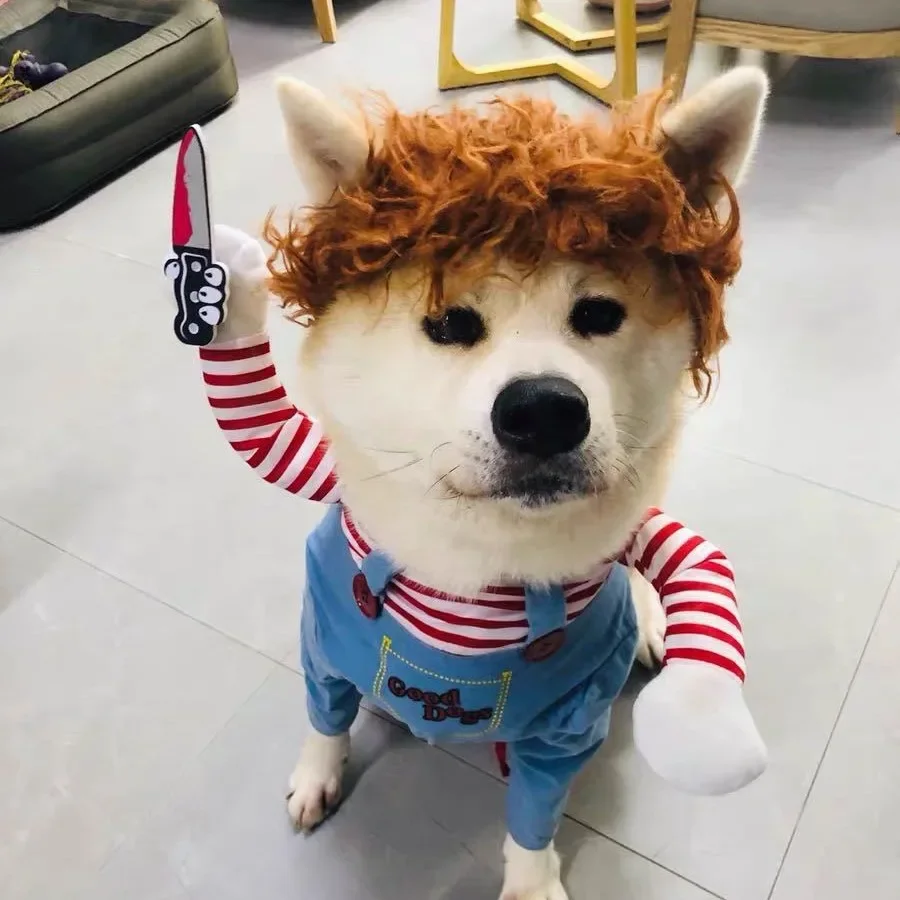 Disfraz de Chucky para Mascotas, Disponible para Halloween, Divertido Traje 3D para Perros y Gatos, Ropa de Cosplay para Fiestas, para Cachorros y Gatitos Pequeños y Medianos