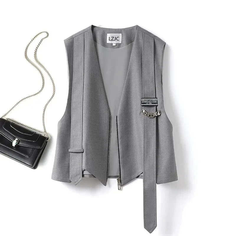 

Suit Vest Women Vintage V-neck Korean Fashion Female Casual Short Waistcoat Solid Simple Spring Autumn Sleeveless Blazer Jacket