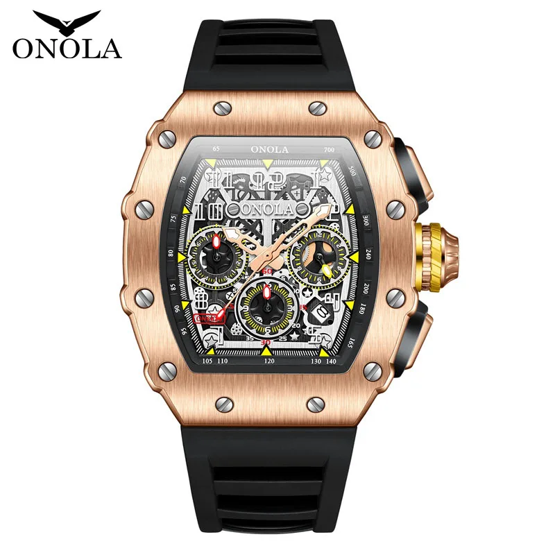 ONOLA Men's Fashion Quartz Watch Sports Silicone Strap Auto Date Rose Clocks Luxury Tonneau Wristwatch Mens Hot Sale