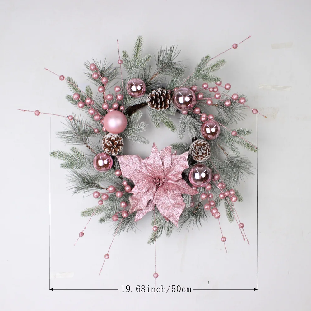 Christmas Pink Wreath with Balls Artificial Plant Rattan Garland Christmas Rattan Hanging Ornament for New Year Home Decoration
