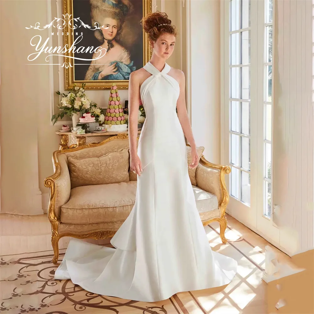 YunShang مخصص الرسن حورية البحر فستان الزفاف وصمة عار بلا أكمام سويب تراين زر أنيق بسيط الكشكشة طول الأرض جديد