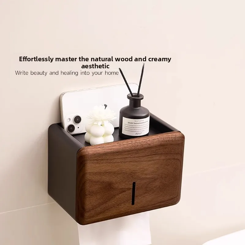 No Drill Wall Mount Toilet Paper Holder Wood Shelf Aluminum Walnut Bathroom Tissue Box Organizer Waterproof Roll Rack