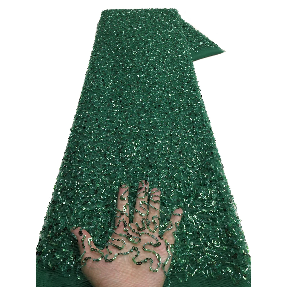 

Green French Luxury Beaded Lace Fabric Sequined Nigerian Mesh Tulle bride Material for Wedding Dress African Lace Fabric LY2996