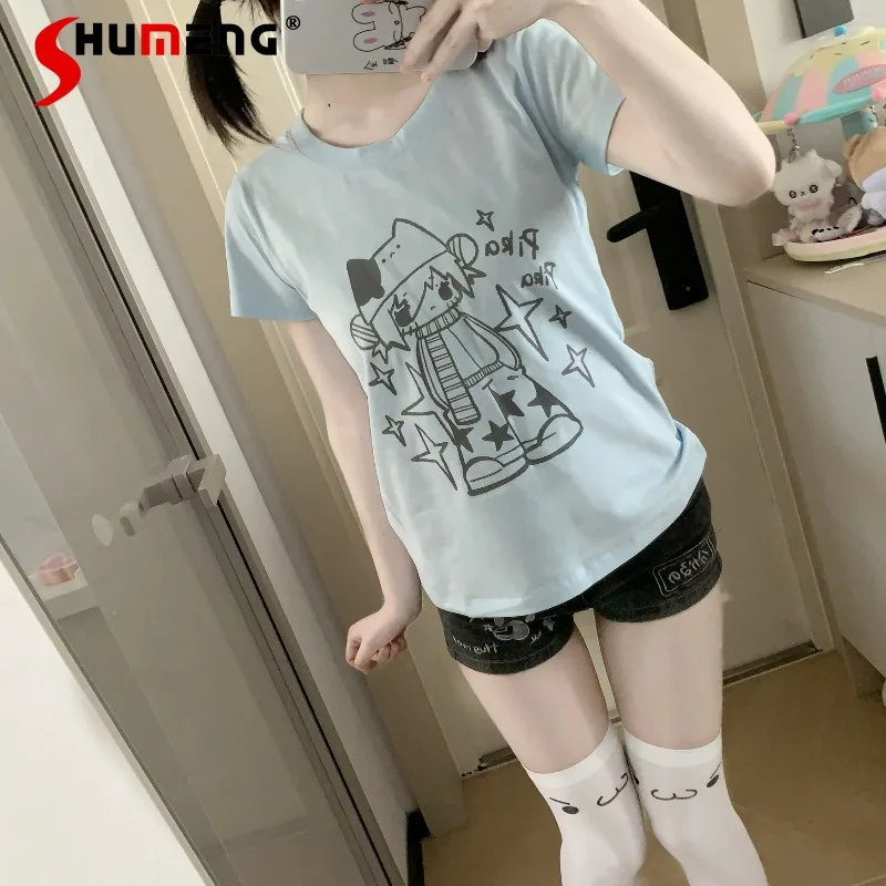

2026 Summer Japanese Aqua Tone Regular Shoulder Slim Fit Printed Short Sleeves T Shirt Versatile Casual Daily Pullover Top Tees