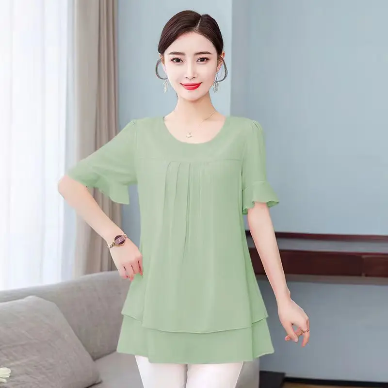 Chiffon Short Sleeve Shirt Tops Summer New Chiffon Loose Solid Color Patchwork Pleated Blouse Vintage Casual Women Clothing