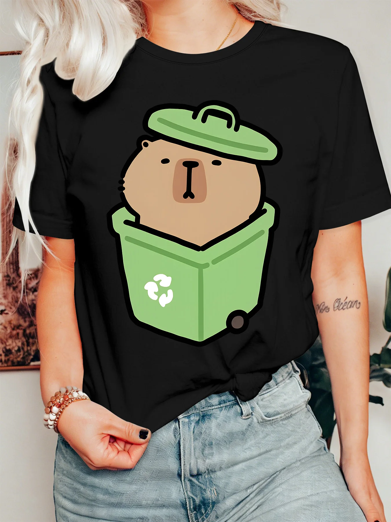Capybara In Recycling Bin Womens T Shirt Funny Meme Animal Kawaii Cartoon Graphic Tee Short Sleeve Casual Daily Ladies Tops