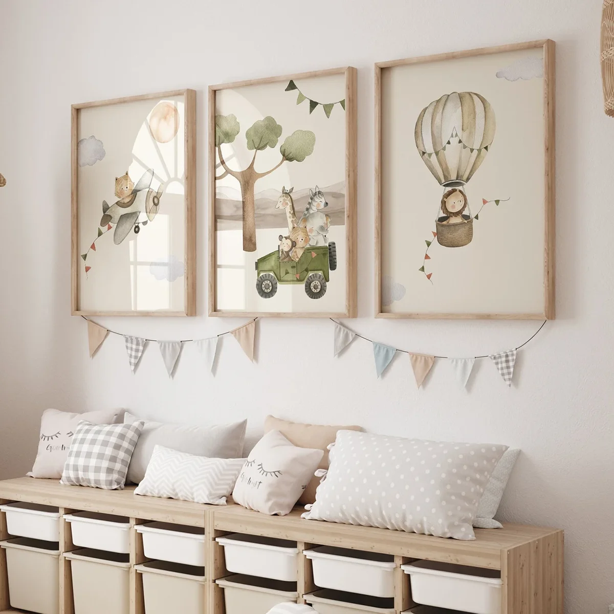 3pcs frameless Canvas Painting 3PCS Children's Room Wall Art Safari Adventure Hot Air Balloon Airplane Car Print  Animal Poster