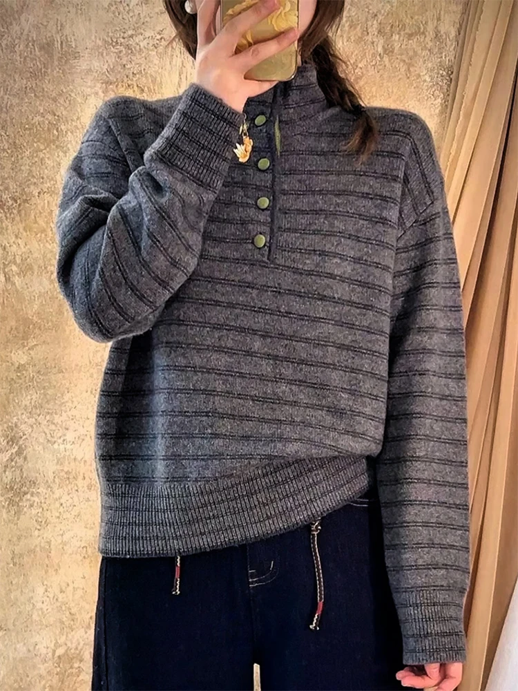 

Korean Sle High-End Striped f-High Ne Knitwear Autumn Winter New Large Size Ele Age-Defng Versatile Top