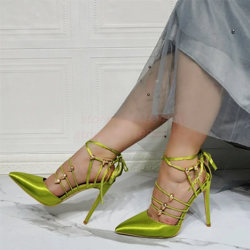 

Green Satin Lace-Up Hollow Thin Heels Women Pointed Toe Crystal Slingback Sandals Lady Sexy Fashion Evening Party Dress Shoes