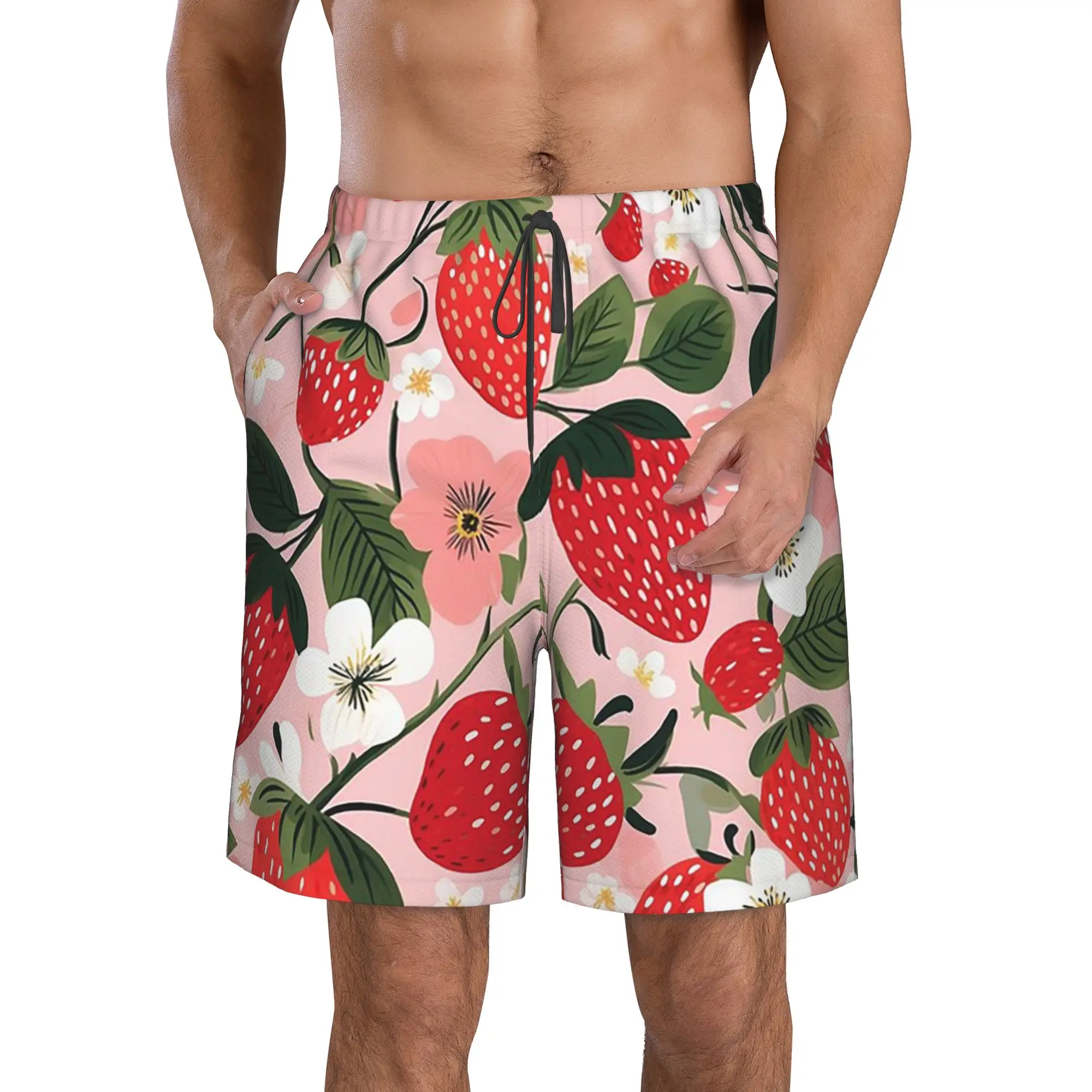 Vibrant Red Strawberry and White Floral Trunks Beach Board Shorts Casual Quick Dry Swim Summer Men Pants