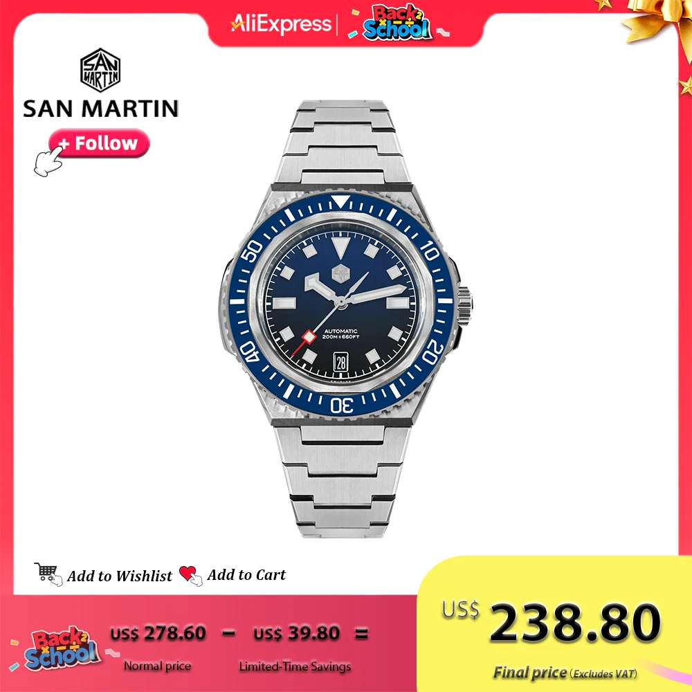 

San Martin 41mm Men Diver Watch NH35 Stainless Steel Automatic Mechanical Watches 20ATM Water Resistant BGW-X1 Luminous SN0146