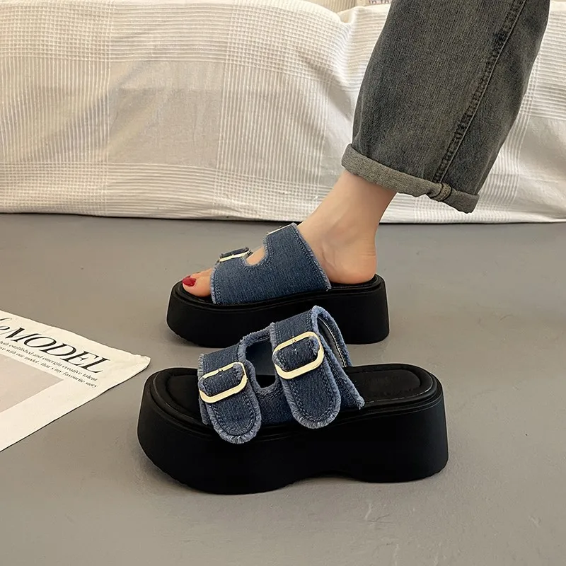 

Multi functional high denim slippers