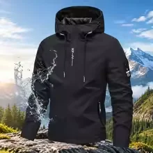 Men Hooded Outdoor Jacket 2026 Spring Autumn Waterproof Windproof Full Zip Coat Hiking Travel Casual Outerwear