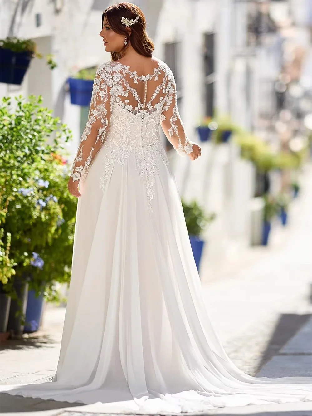 Plus Size Illusion Boat Neckline Long Sleeve Lace Wedding Dress Applique Bodice Flowing Chiffon A Line Skirt with Sweep Train
