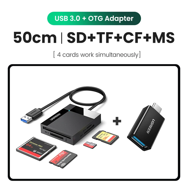 アミュレット カードリーダー Ugreen-マイクロSDカードリーダー,4-in-1,usb3.0/USB-Cからsd,tf cf,pc
