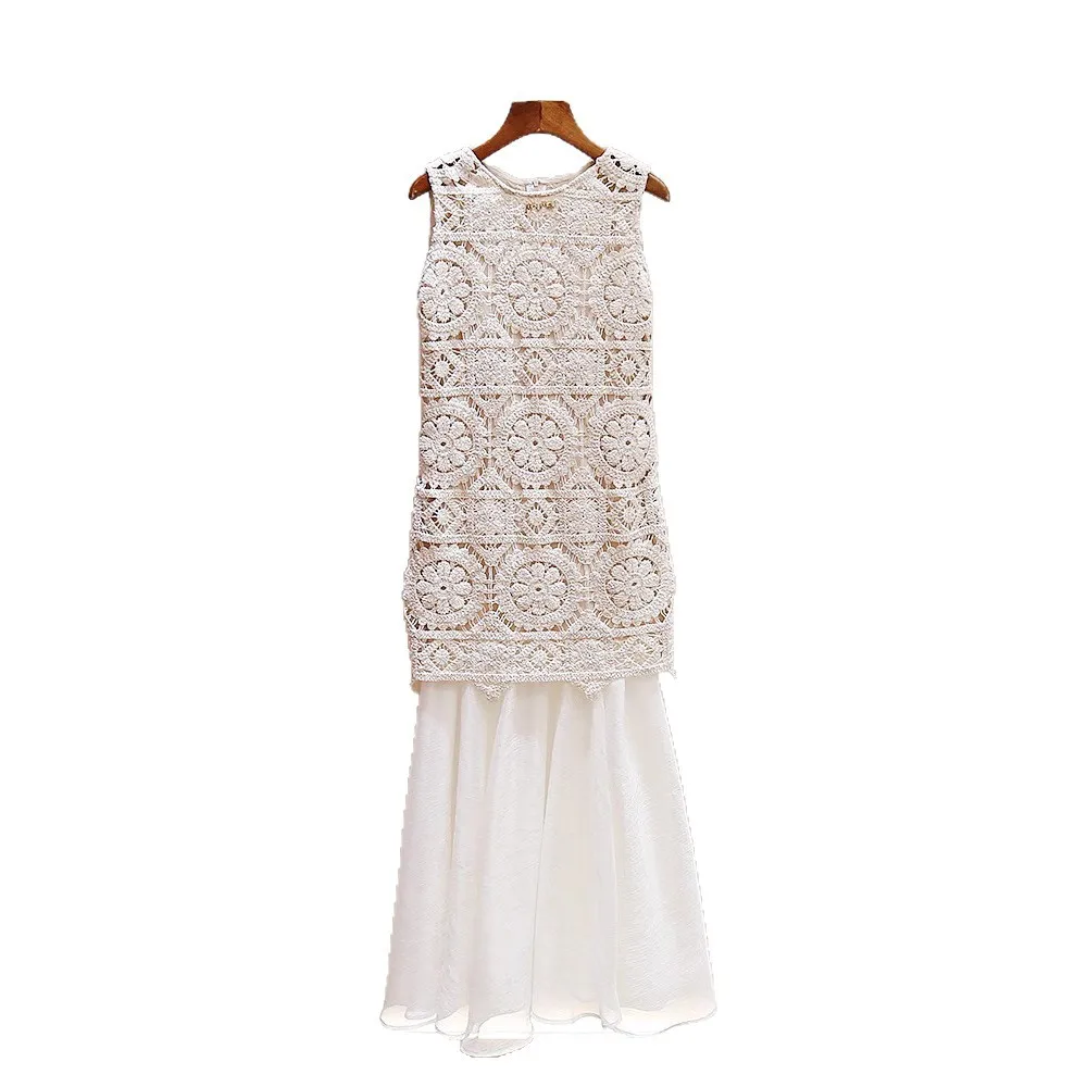 High-end feminino verão nova flor de gancho em camadas saia oco colete de malha dr fem faion commute sle meados de cintura