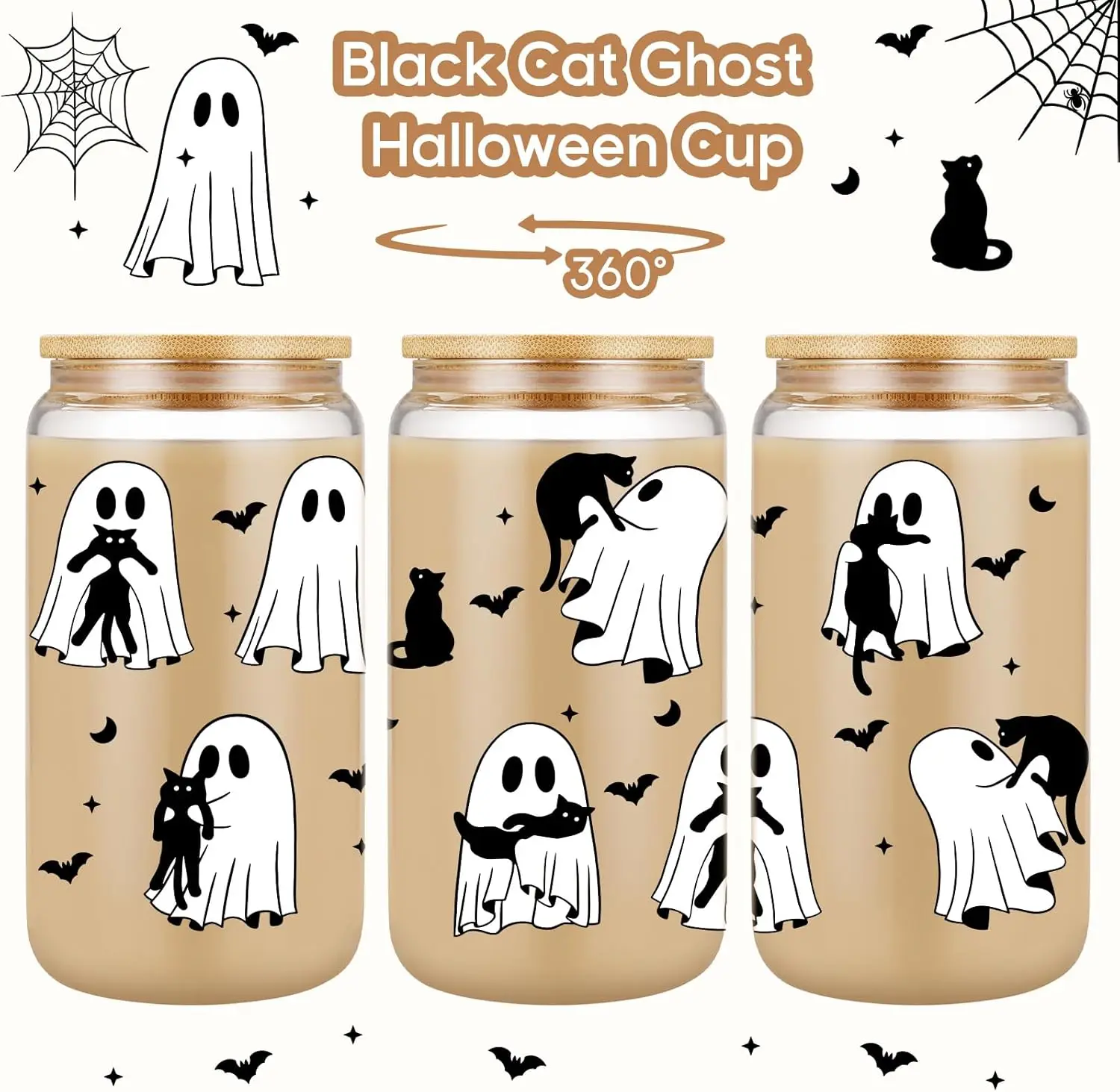 كوب قهوة مثلج على شكل قطة سوداء للهالوين، كوب زجاجي مخيف سعة 16 أونصة مع غطاء من القش، حشو سلة بو، عيد ميلاد قوطي لطيف أسود