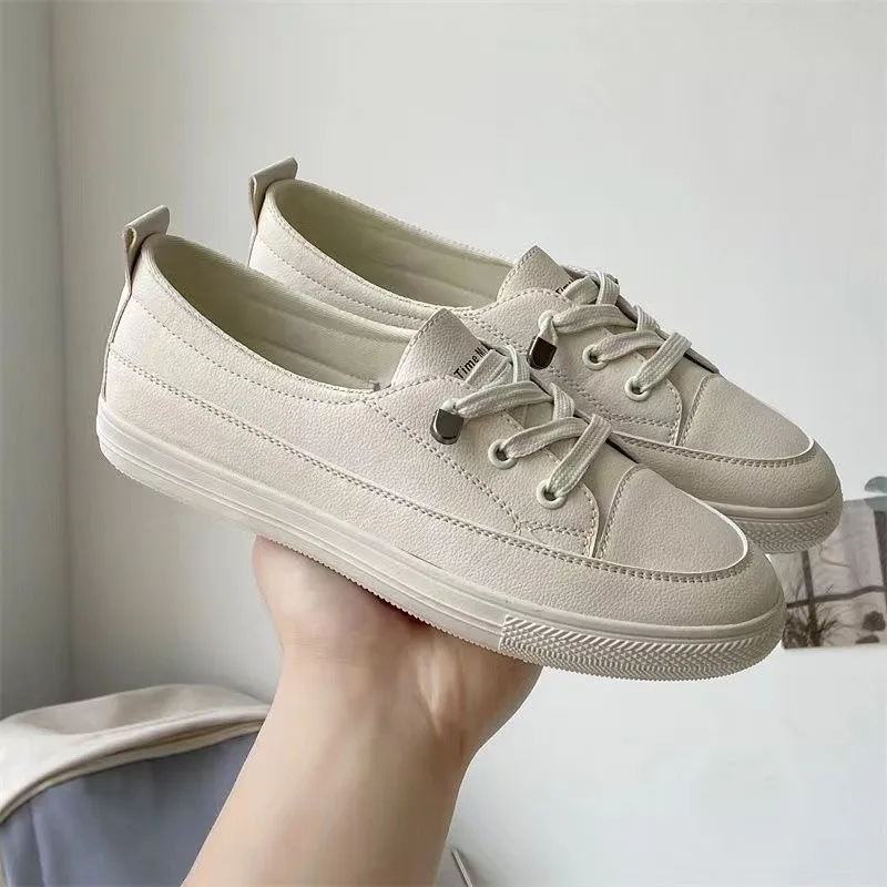 

New Hot Low Platform Outdoor Women Shoes Female Pu Leather Walking Sneakers Loafers White Flat Slip on Vulcanize Casual Shoes