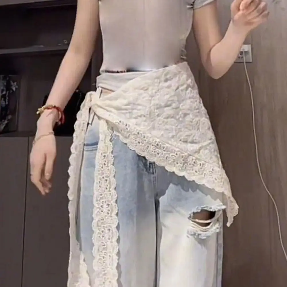 Rok Mini Renda Bunga Bordir Model Irregular Y2K Streetwear Rok Berkerut Desain Tali Serut Pinggang Tinggi Rok Lipit