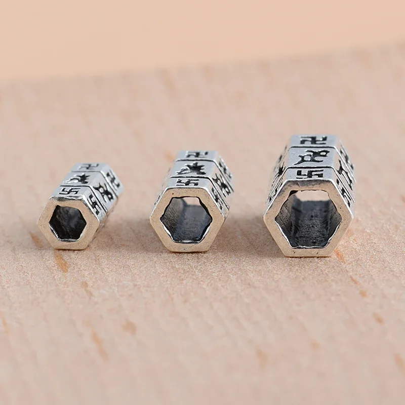 925 Sterling Silver Thai Silver Jewelry Accessories Retro Six Word Mantra Bead Straight Handmade DIY Beaded Braided Accessories