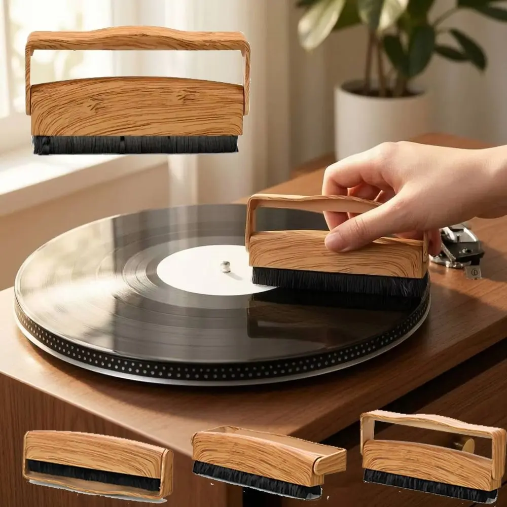 Wood Grain Handle Vinyl Record Cleaning Brush Soft Bristle Gentle Phonograph Record Cleaner Tool Comfortable Grip Safe Compact